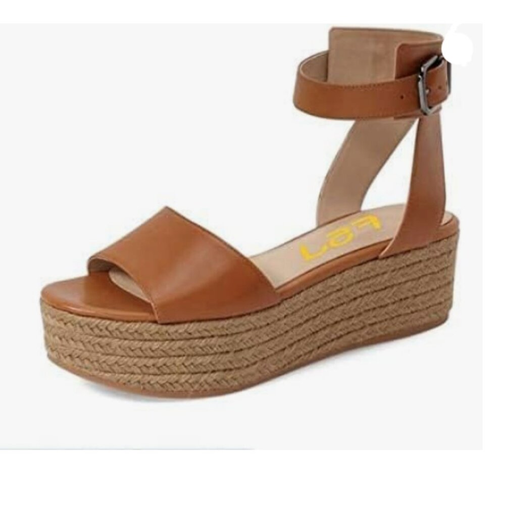 FSJ Brown Open Toe Platform Wedge Heel Espadrilles Sandals Ankle Strap Shoes